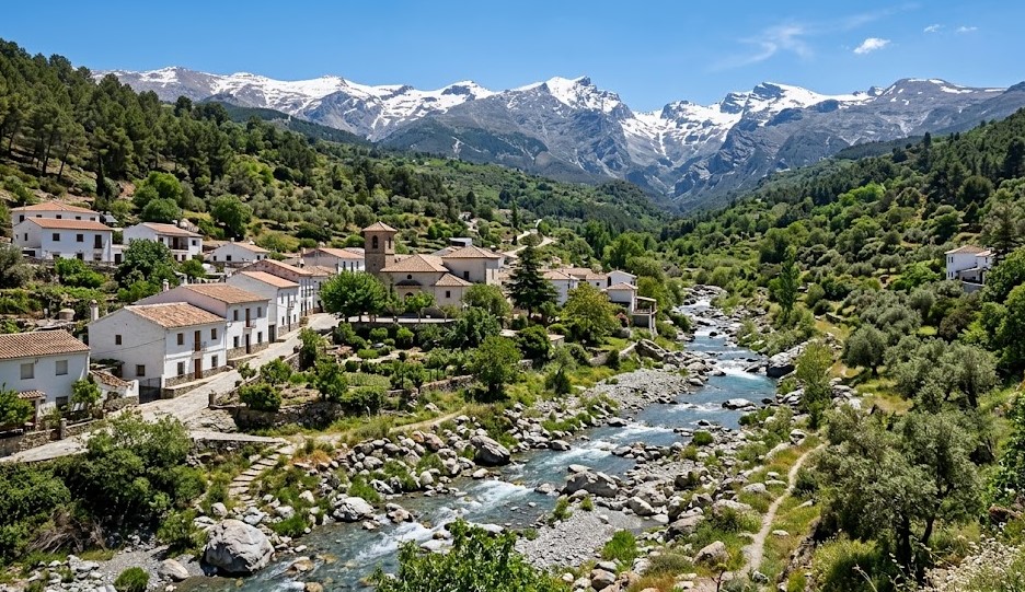Vista del río Dílar y Sierra Nevada en Granada